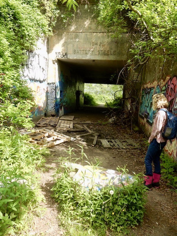 Liz Johnson at Battery Steel north entrance. Pallets for water crossing.